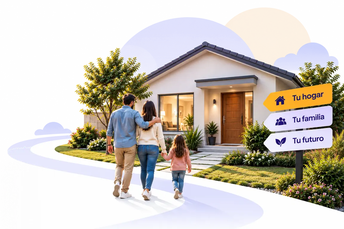 Una familia camina de la mano hacia una casa con las luces
encendidas. Al lado, un letrero de tres flechas apunta a
«Tu hogar», «Tu familia» y «Tu futuro».